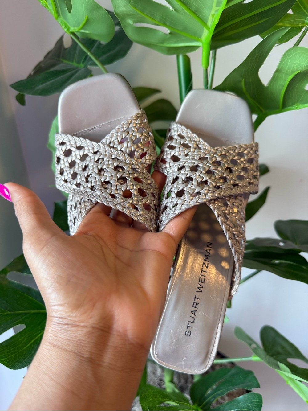 Stuart Weitzman Silver Braided Slide Sandals